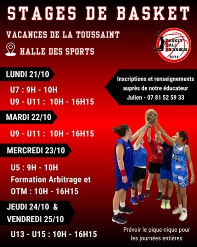 Voici les dates des stages de basket de Toussaint du Basketball Brivadois.